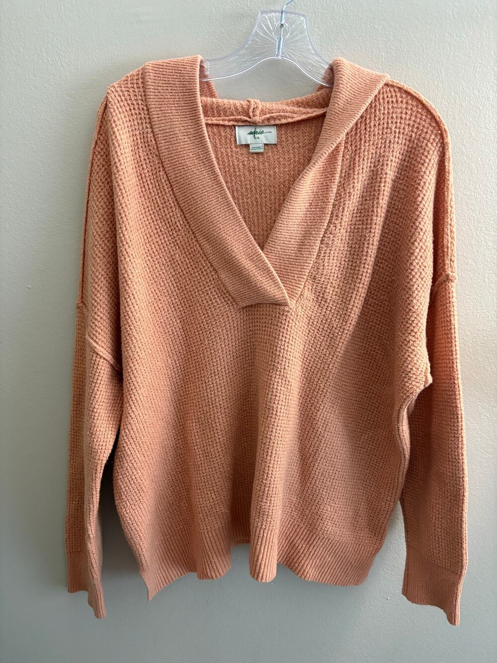 Aerie CozyUp Waffle Knit Oversized Hoodie Sweater V-Neck Peach Pink Size M